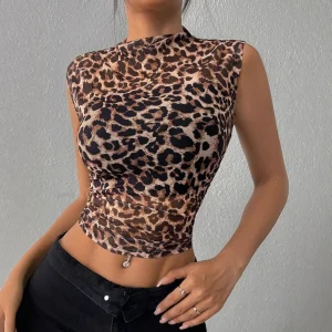 Leopard Stand Collar Tee - Sleeveless Slim Fit (Sexy Summer Top)-2025-(Women's S-XXL)-[MAV]