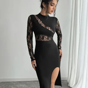 Color-Block Lace Slit Dress - Night Out Glam-2025-(Women's S-XXL)-[MAV]