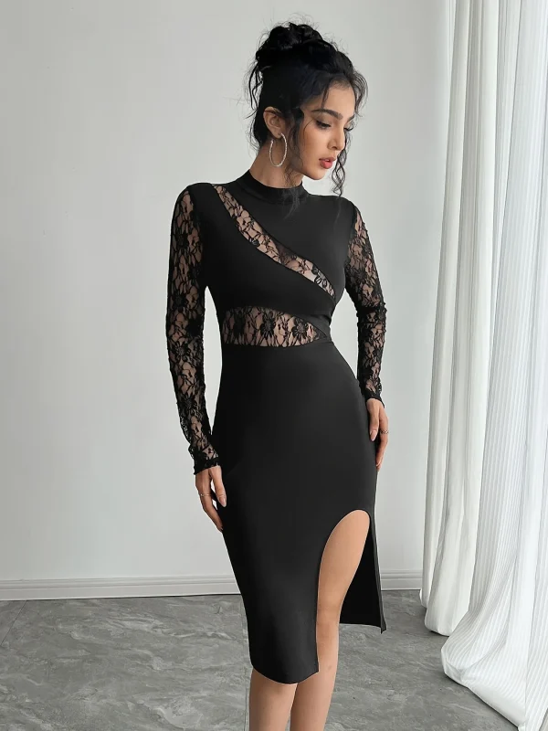 Color-Block Lace Slit Dress - Night Out Glam-2025-(Women's S-XXL)-[MAV]