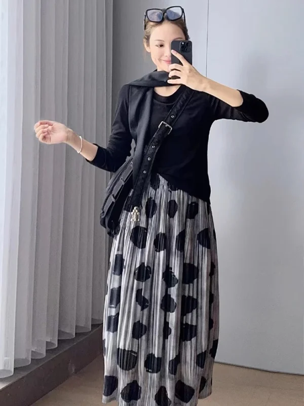 Pleated Polka Dot Skirt - Textured Circle Skirt-2025-[MAV]