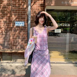 Lavender Gingham Wrap Dress - Square Neck Sundress with Tied Straps-2025-[MAV]