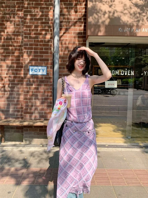 Lavender Gingham Wrap Dress - Square Neck Sundress with Tied Straps-2025-[MAV]