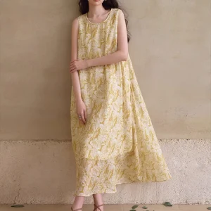 Botanical Print Smocked Dress - Linen Blend Tent Dress-2025-[MAV]