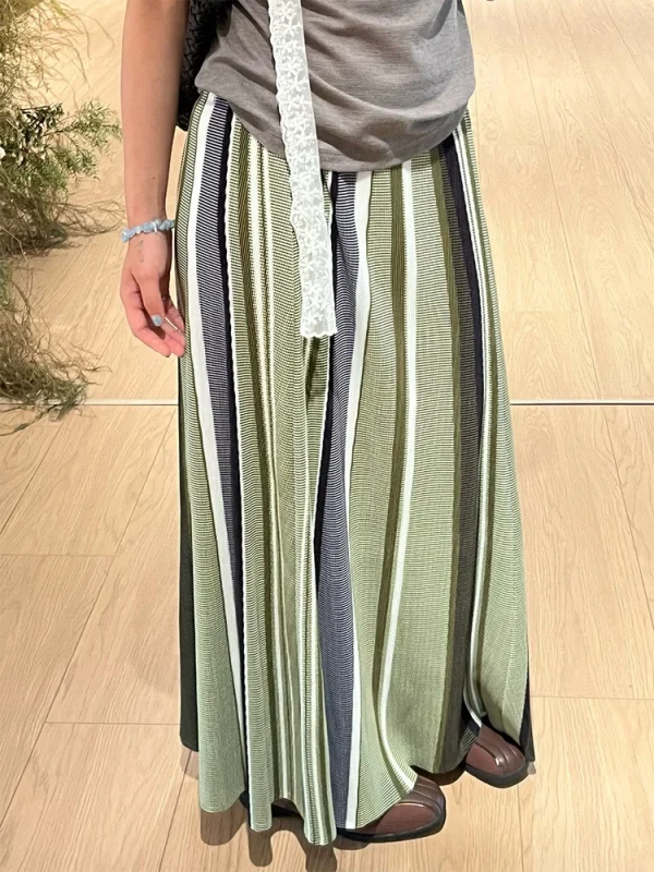 Pleated Stripe Maxi Skirt - Issey Miyake Style Full Skirt-2025-[MAV]
