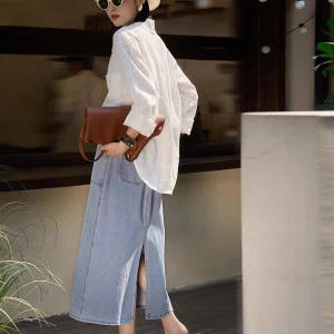 Denim A-Line Skirt - High Slit Denim Skirt-2025-[MAV]