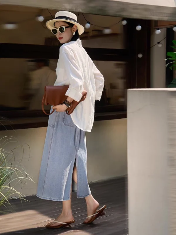 Denim A-Line Skirt - High Slit Denim Skirt-2025-[MAV]