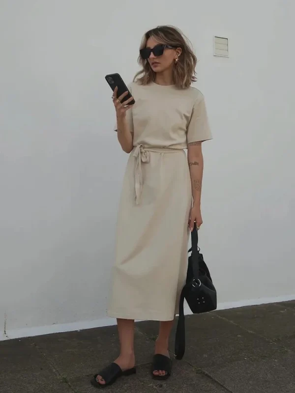 Linen Wrap Dress - Belted Midi Dress with Short Sleeves-2025-[MAV]