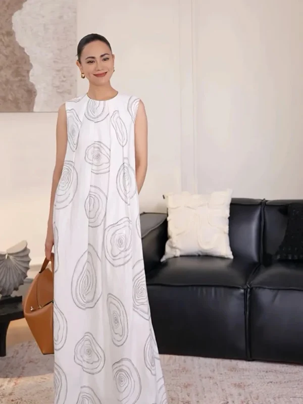 Tree Ring Print Linen Dress - Organic Loose Fit Dress-2025-[MAV]