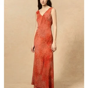 Pomegranate Print Silk Dress - V-Neck Asymmetric Hem Gown-2025-[MAV]