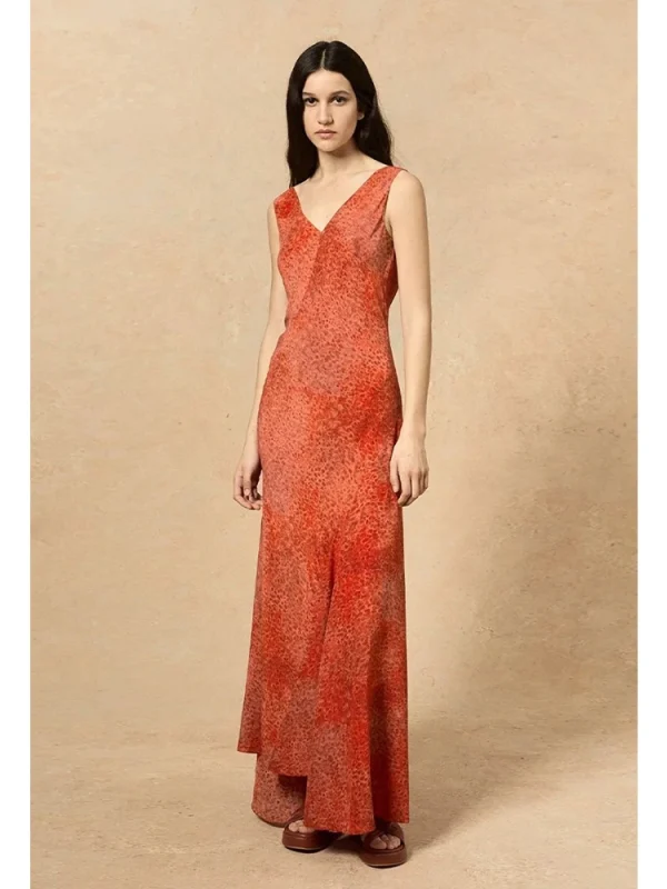 Pomegranate Print Silk Dress - V-Neck Asymmetric Hem Gown-2025-[MAV]