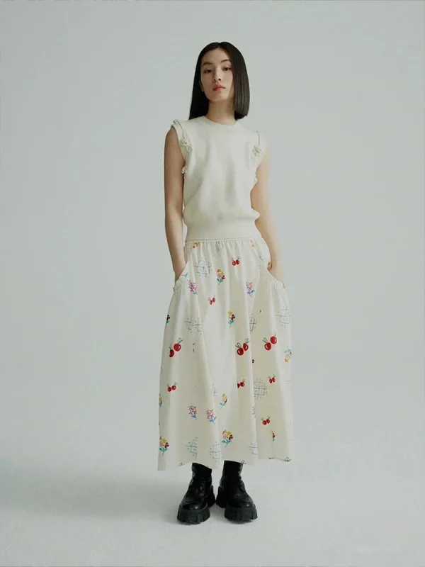 Cherry Print A-Line Skirt - Cottagecore Denim Skirt with Pockets-2025-[MAV]