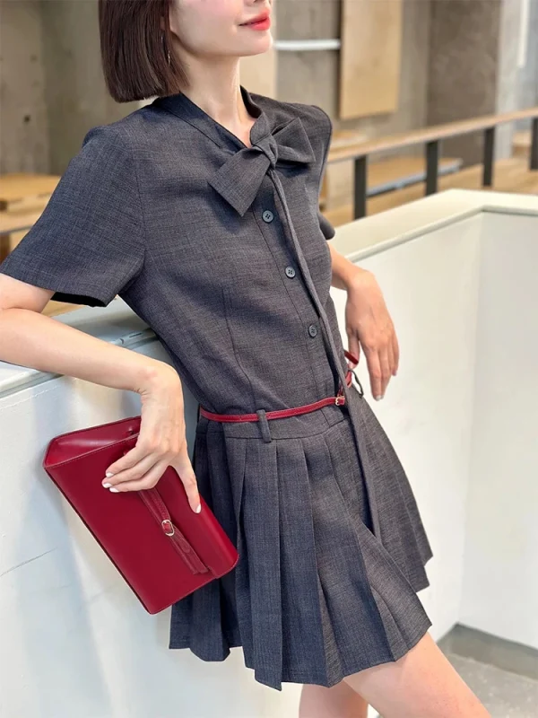 Grey Linen Blend Shirred Dress - Casual Smocked Dress-2025-[MAV]