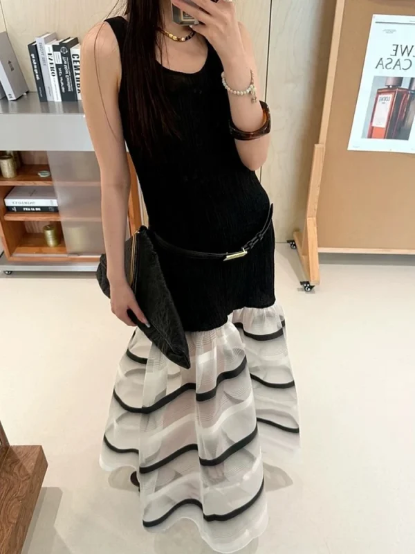 Striped Chiffon Panel Dress - Red Carpet Ready Gown-2025-[MAV]