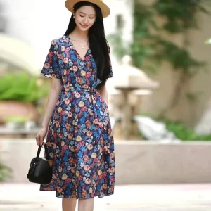 V-Neck Wrap Midi Dress - Floral Print Casual Dress-2025-[MAV]