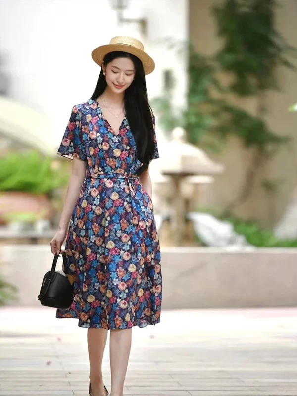 V-Neck Wrap Midi Dress - Floral Print Casual Dress-2025-[MAV]