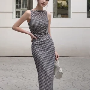 Checkerboard Print Illusion Dress - Mock Two-Piece Gown-2025-[MAV]