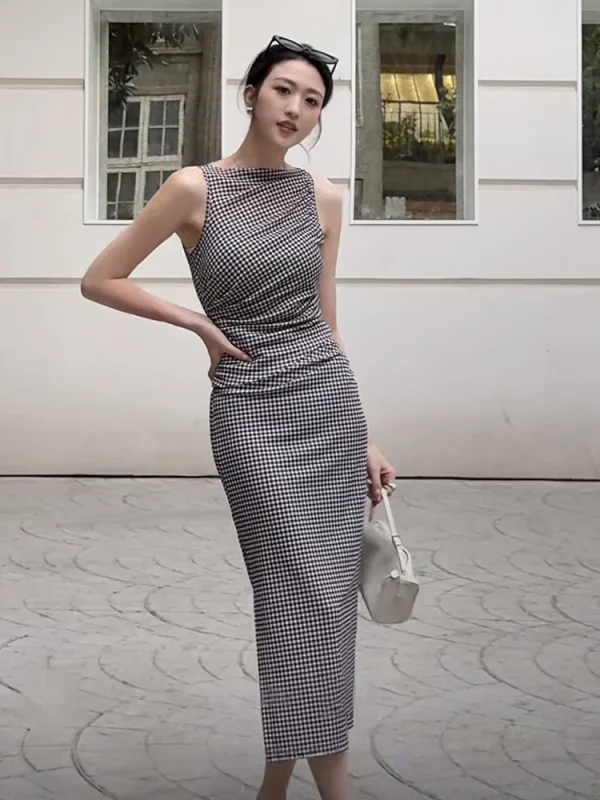Checkerboard Print Illusion Dress - Mock Two-Piece Gown-2025-[MAV]