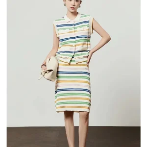 Color Block Knit Set - Striped Crop Top & Skirt Combo-2025-[MAV]