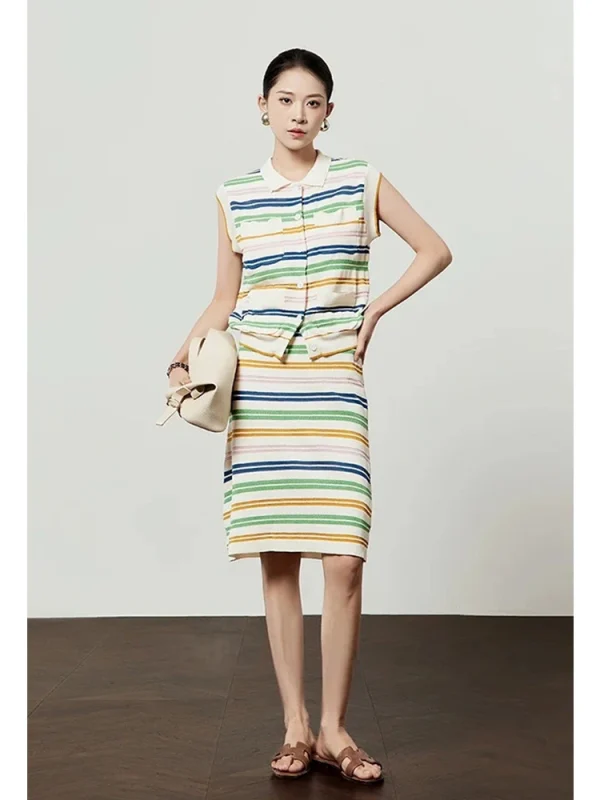 Color Block Knit Set - Striped Crop Top & Skirt Combo-2025-[MAV]
