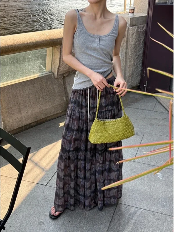 Side Button Gathered Skirt - Designer Print Full Skirt-2025-[MAV]