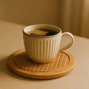 Japanese Bamboo Wooden Coaster – Minimalist Round with coffee