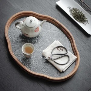 Begonia Glass Tea Tray - Vintage Bamboo Tea Board, Multi-Functional Snack & Serving Tray for Home